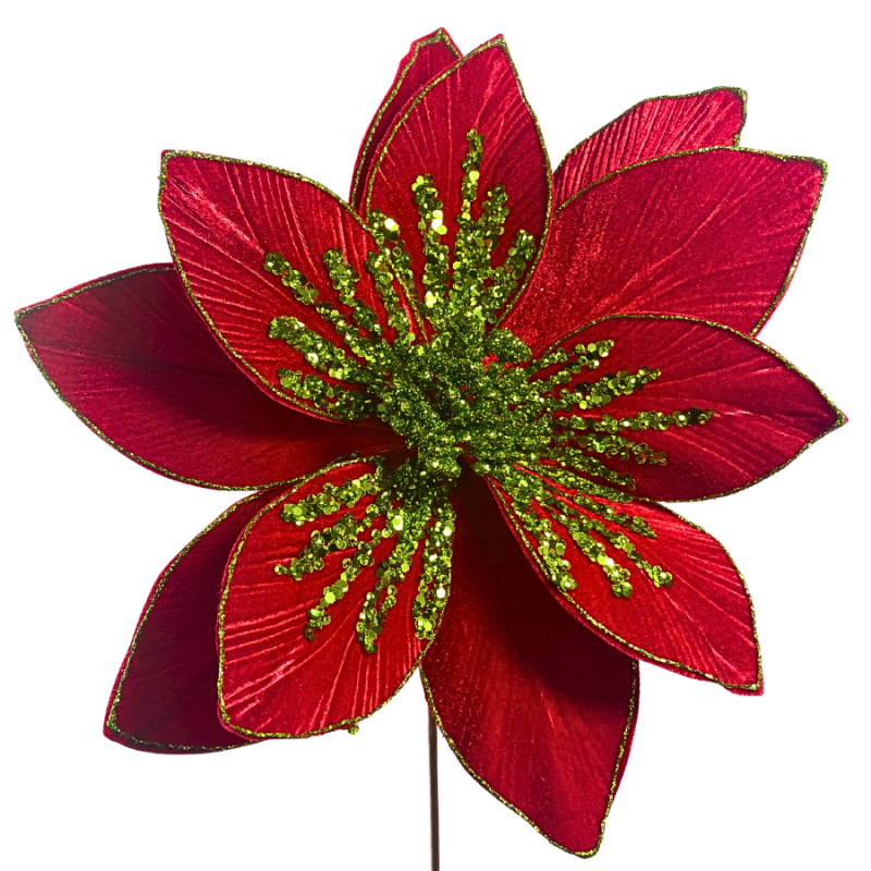22" Glitter Green & Red Poinsettia Stem