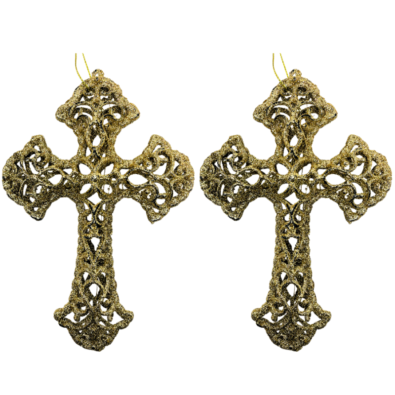 6" Golden Glitter Cross Ornaments - Set of 2