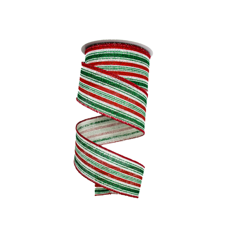 2.5"x10y Red & Green Vertical Stripes on White Burlap Ribbon