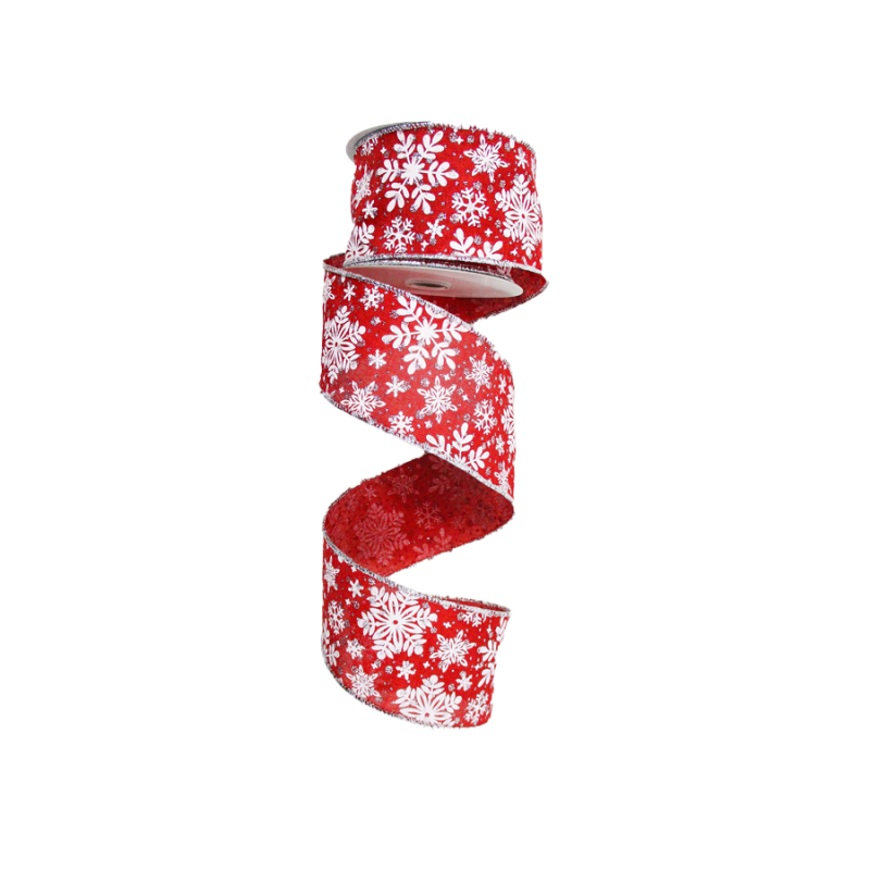 2.5"x10yd Silver Snowflakes W/ Glitter on Red Ribbon