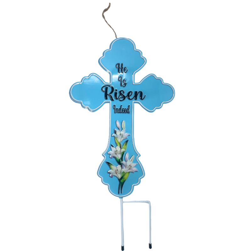 28" He Is Risen Indeed Metal Yard Stake - Blue