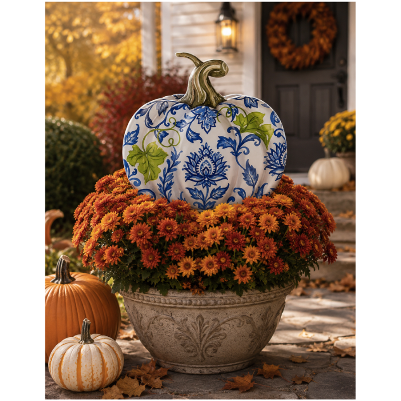 15" Metal Chinoiserie Print Pumpkin Yard Stake