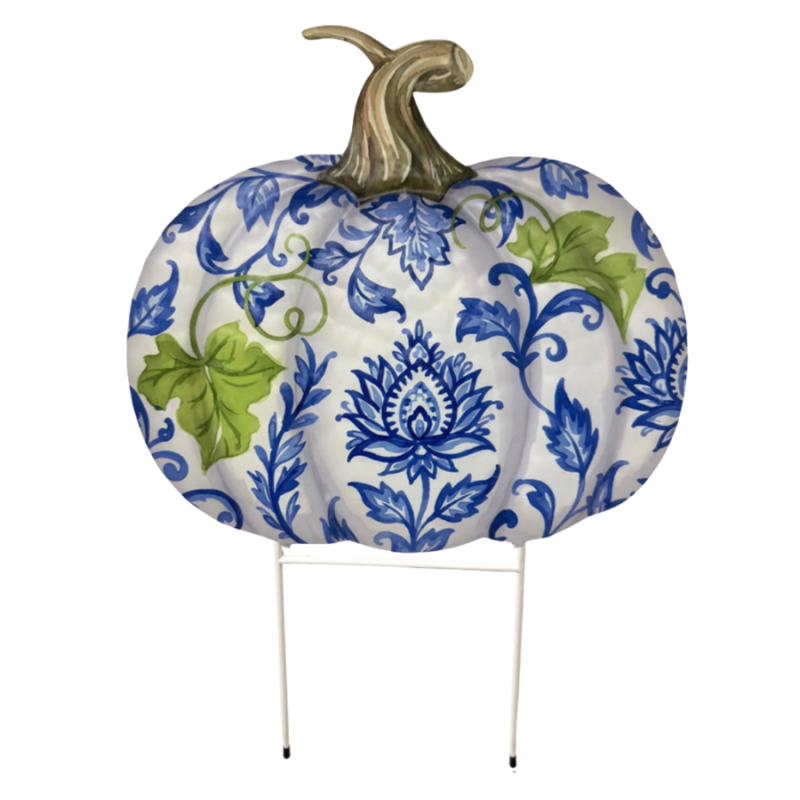15" Metal Chinoiserie Print Pumpkin Yard Stake