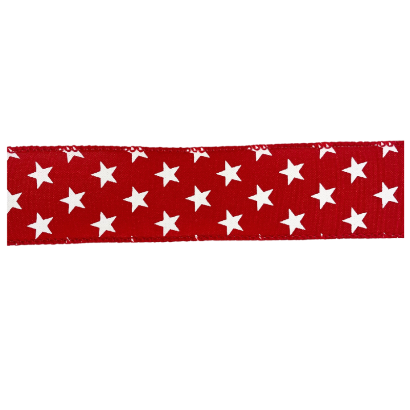 1.5" x 10yd White Stars on Red Ribbon