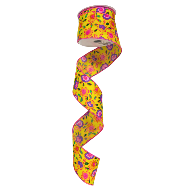 2.5" x10yd Floral Ribbon w/ Pink Border