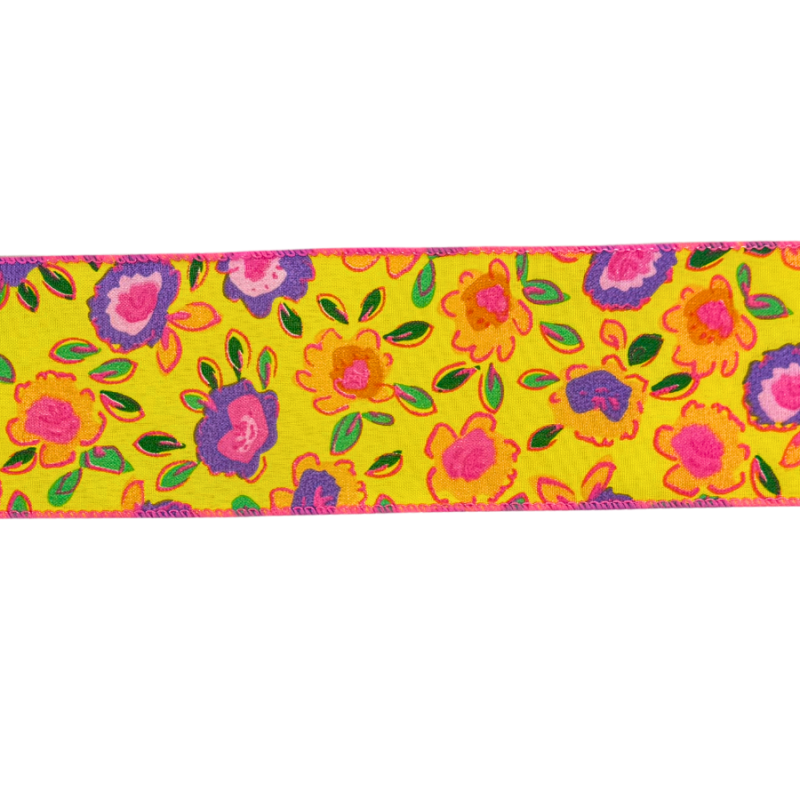 2.5" x10yd Floral Ribbon w/ Pink Border