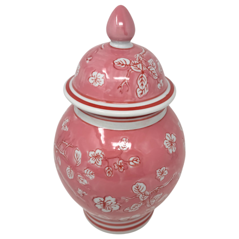 12" Pink & White Chinoiserie Vase with Pointed Knob Lid
