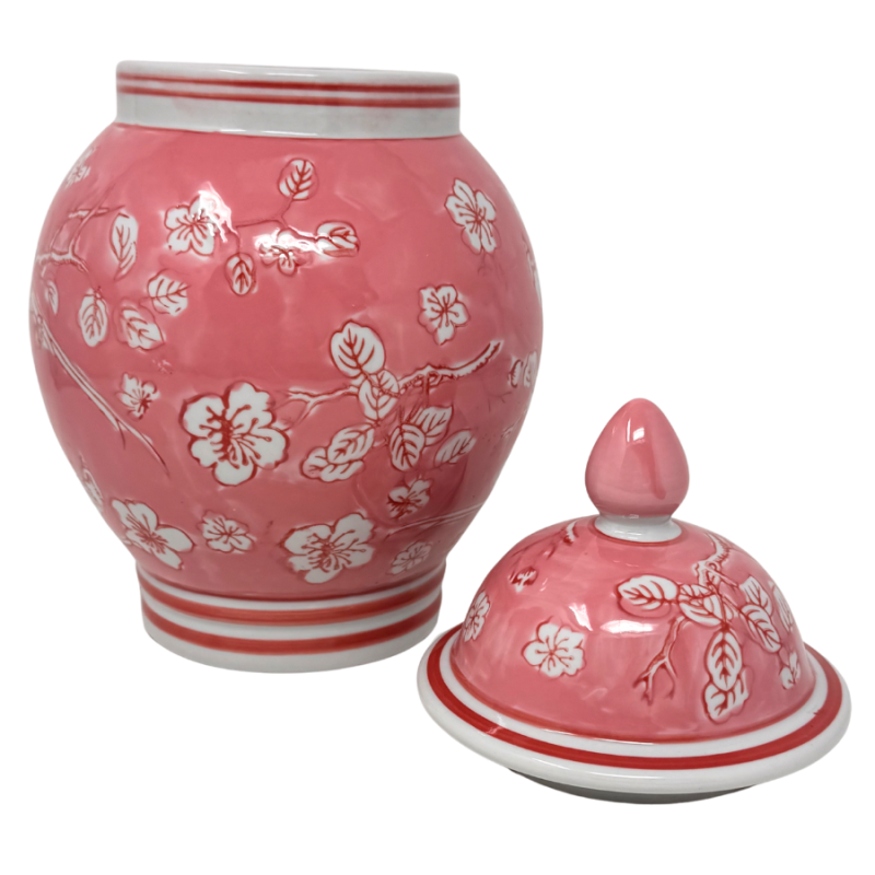 12" Pink & White Chinoiserie Vase with Pointed Knob Lid