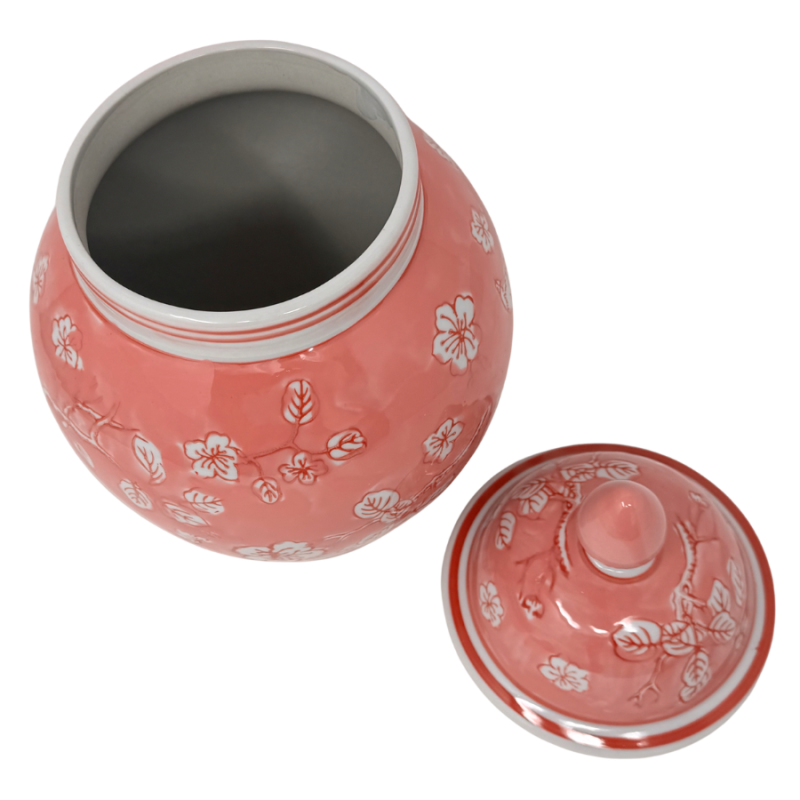 12" Pink & White Chinoiserie Vase with Pointed Knob Lid