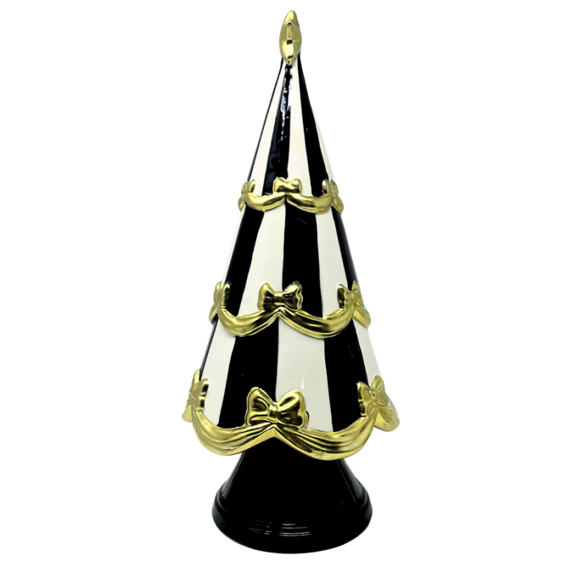 14" Ceramic Black Stripe Gold Bow Tree