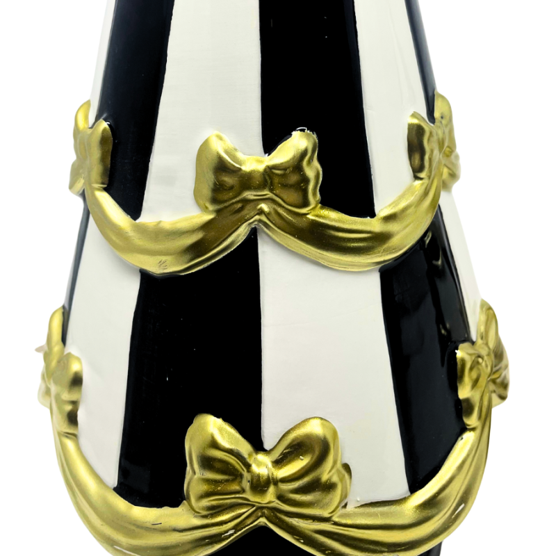14" Ceramic Black Stripe Gold Bow Tree