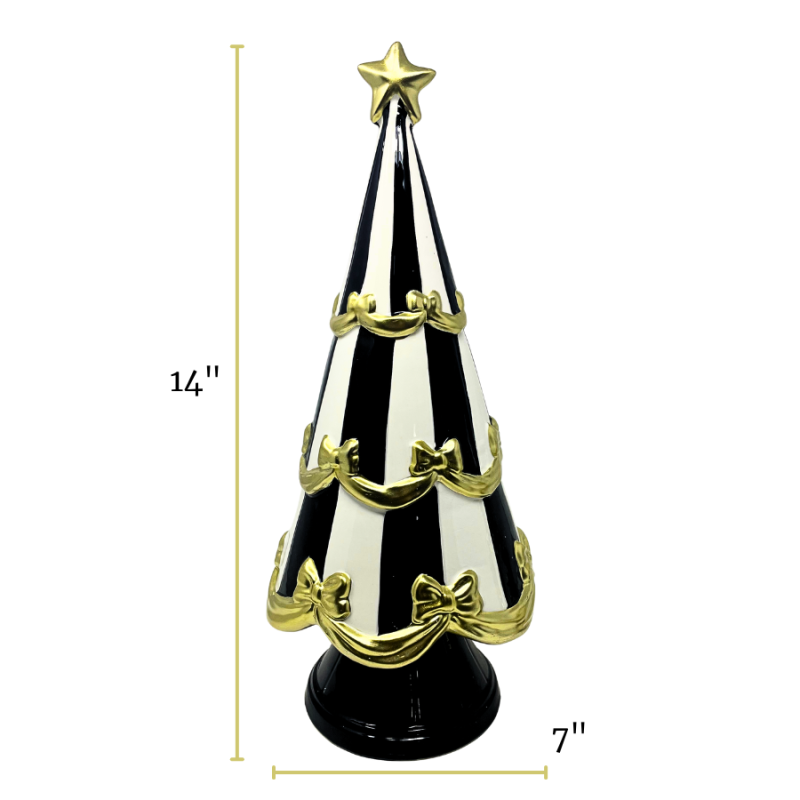 14" Ceramic Black Stripe Gold Bow Tree