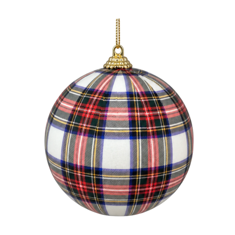 4" White Plaid Ball Ornament