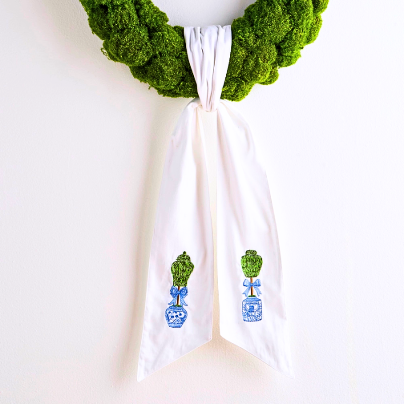 58" Chinoiserie Topiaries Wreath Sash - White/Blue
