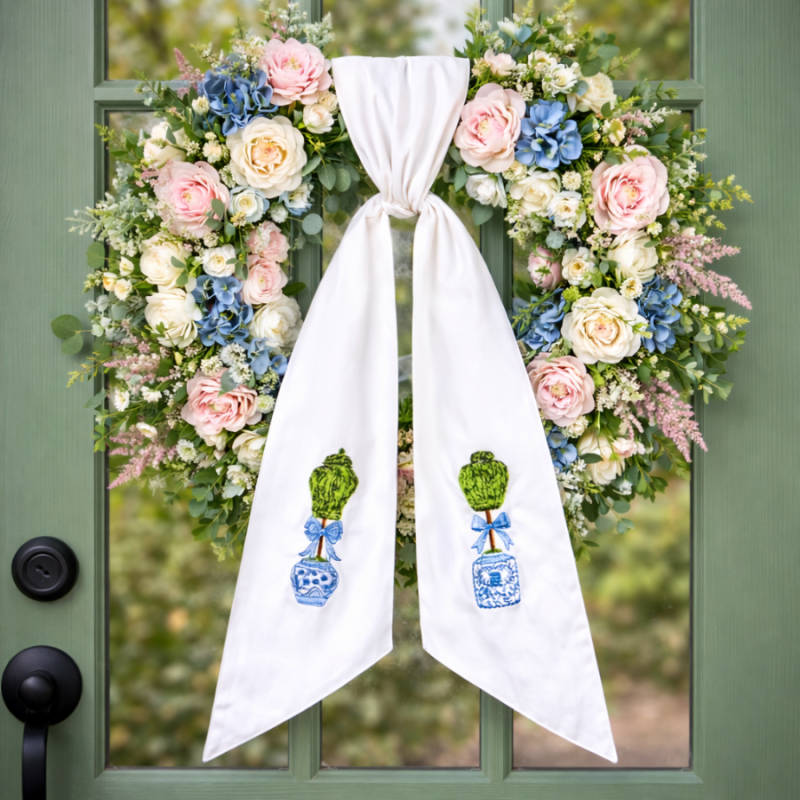 58" Chinoiserie Topiaries Wreath Sash - White/Blue