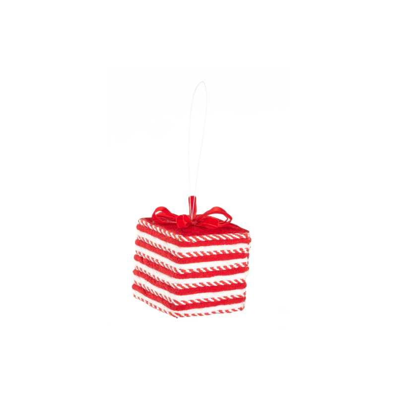 4" Gift Box Ornament- Fuzzy Red White Striped
