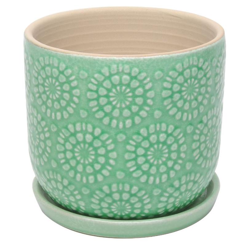 4.25" Medallion Egg Pot with Attached Saucer - Light Green