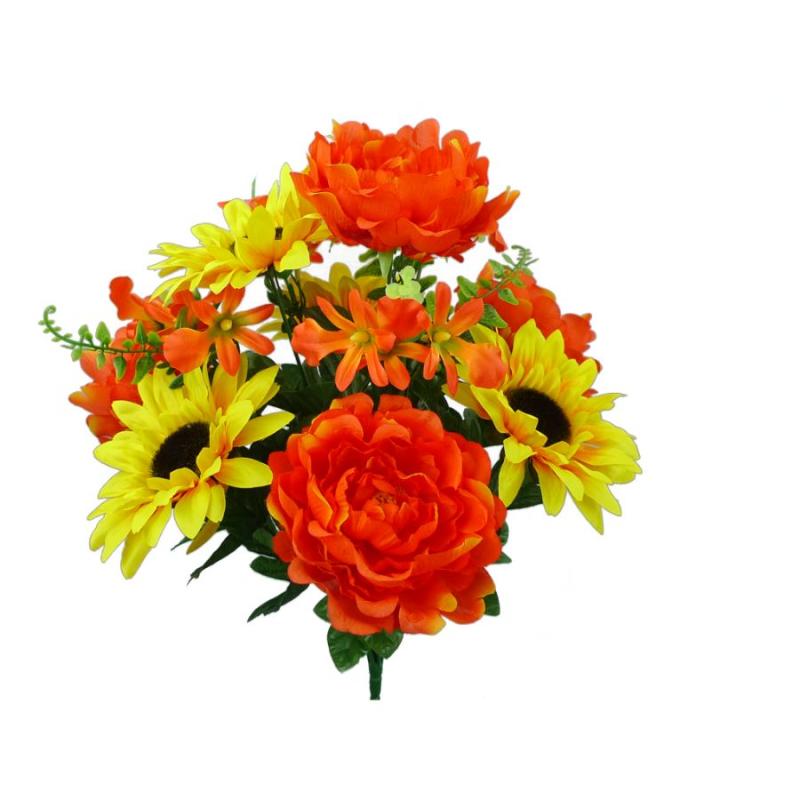 18"H Peony Sunflower Bush - Orange Yellow
