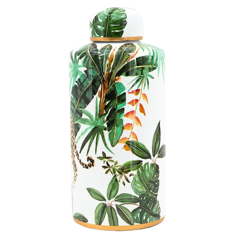 14" Porcelain Leopard Cylindrical Jar w/ Lid
