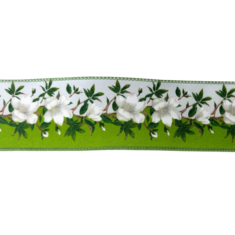 2.5" x 10yd Small Magnolias on White & Green