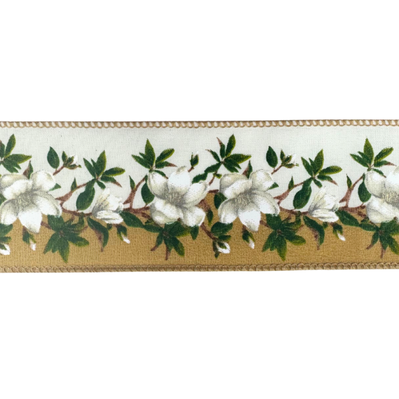 2.5" x 10yd Small Magnolias on White & Tan