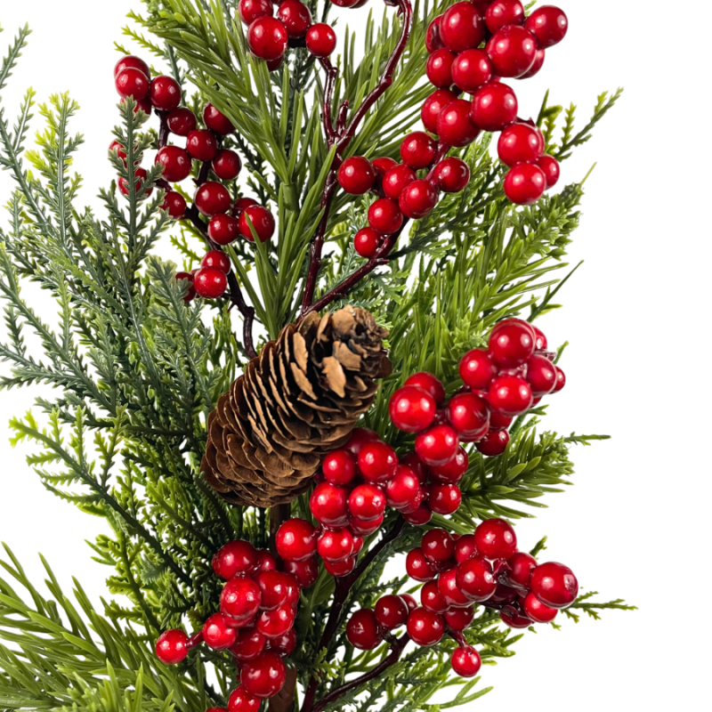 24" Mixed Evergreen Spray with Red Berries & Pinecones