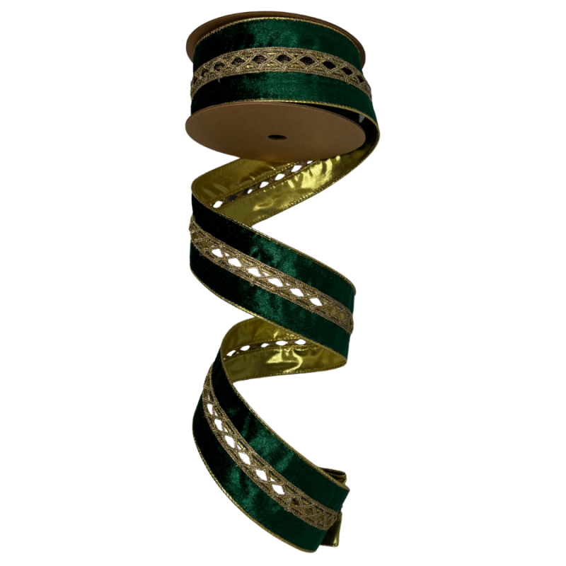 2.5" x10yd Gold Criss-Cross on Green Velvet