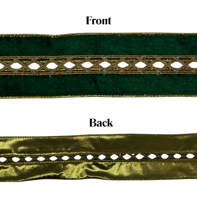 2.5" x10yd Gold Criss-Cross on Green Velvet