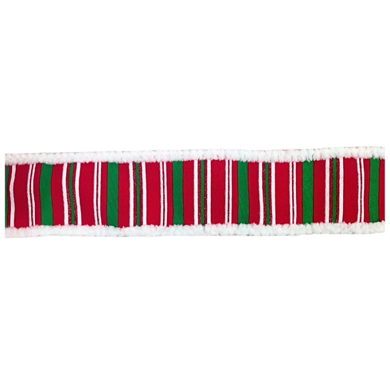 2.5" x 10yd Red, Green, and White Striped Ribbon w/ Fuzzy Boarder