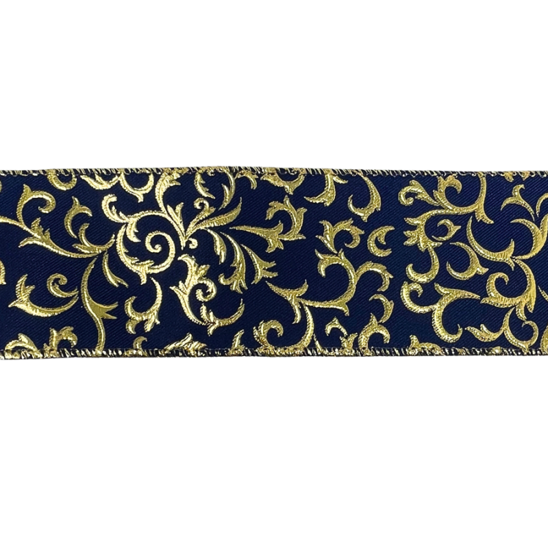 2.5" x 10yd Navy Blue & Gold Metallic Scroll Ribbon