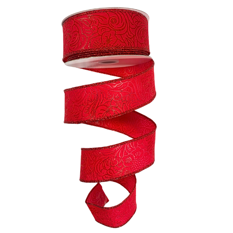 1.5" x 10yd Red Embossed Glitter Ribbon