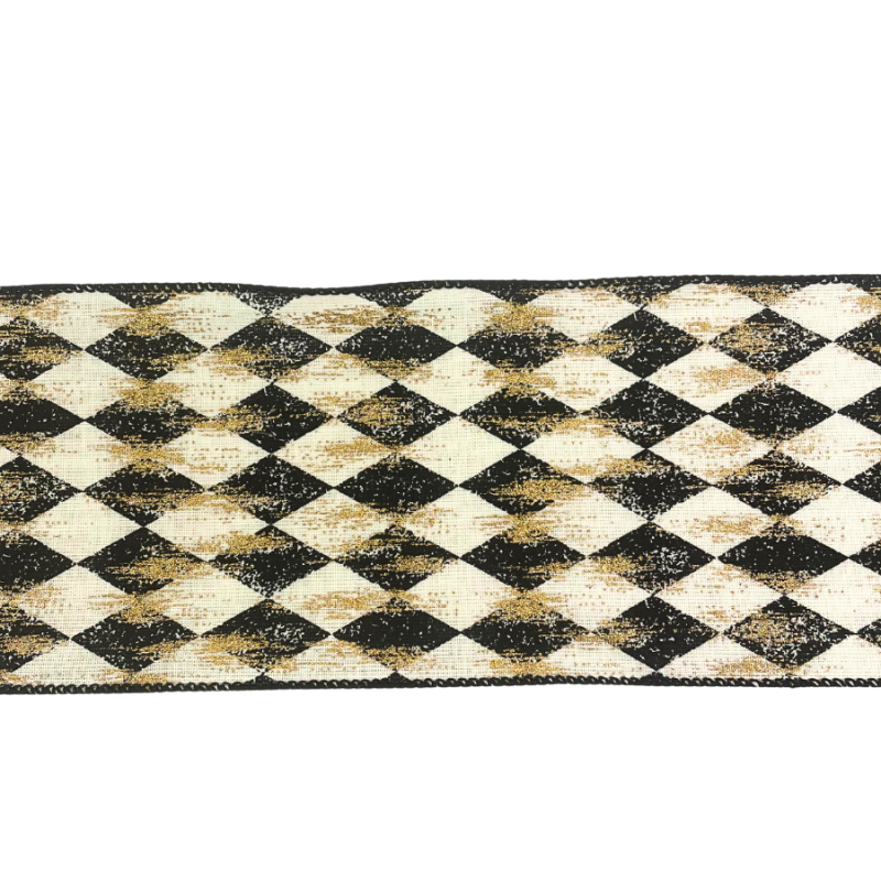 4" x 10yd Black & White Diamonds w/ Gold Streaks Ribbon