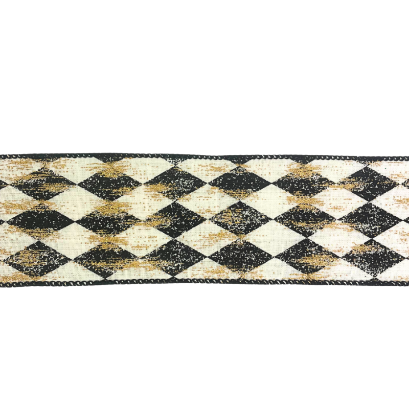 2.5" x 10yd Black & White Diamonds w/ Gold Streaks Ribbon