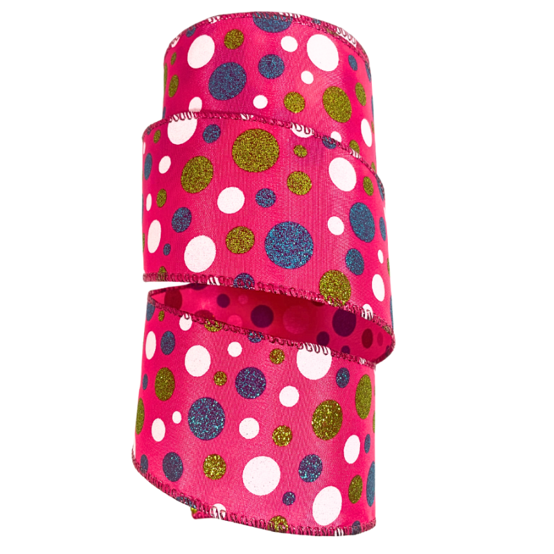 2.5" x 10yd Green, Blue, White Polka Dots on Pink Ribbon
