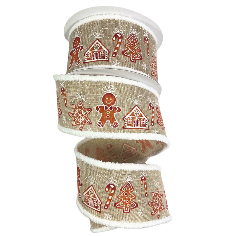2.5" x 10yd Gingerbread Fun w/ Fuzzy Boarder Ribbon