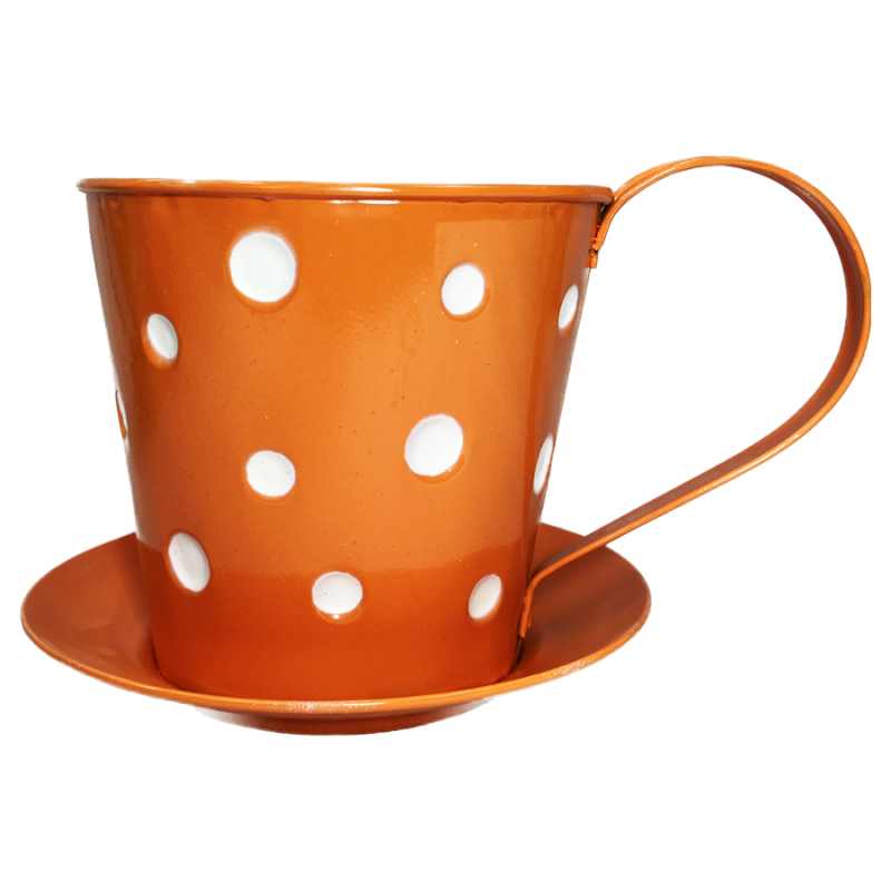 Metal Polka Dot Teacup W/Saucer Planter Orange Pots, Planters