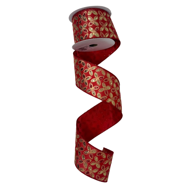 2.5" x 10yd Red & Gold Ribbon w/ Metallic Pattern