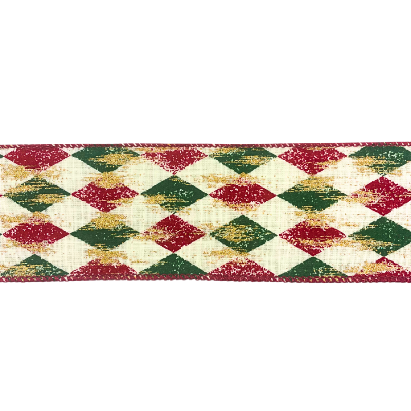 2.5" x 10yd Red & Green Diamonds w/ Gold Streaks Ribbon