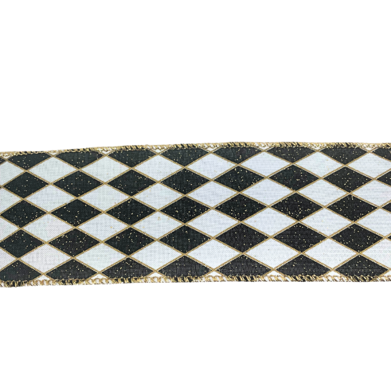 2.5" x 10yd Black & White Diamonds w/ Gold Specks Ribbon