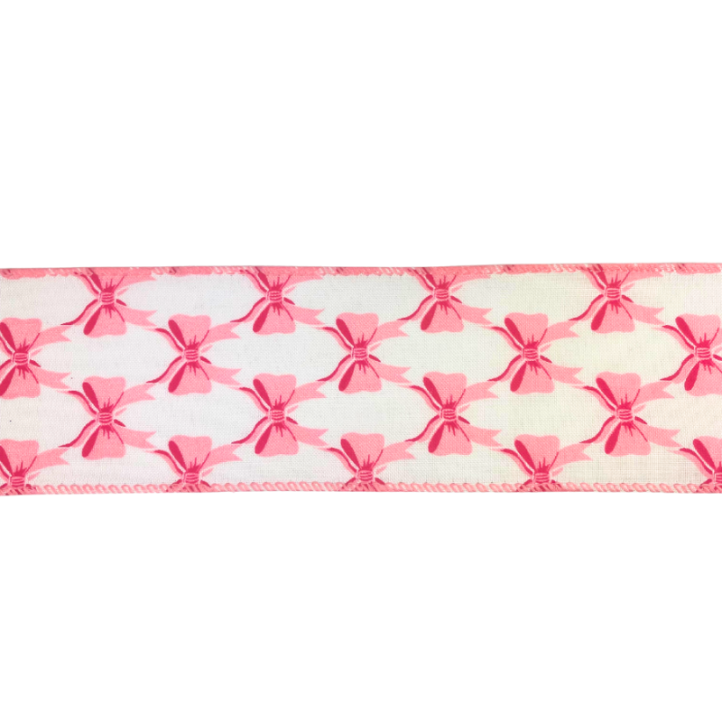 2.5" x 10yd Pink Bows on White Ribbon