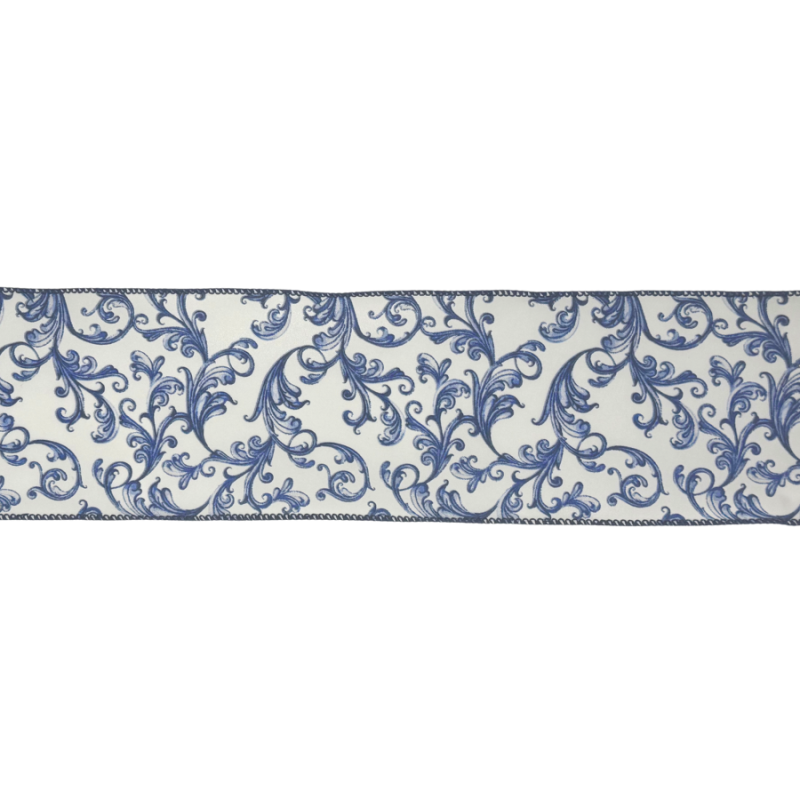 4" x10yd Chinoiserie Swirl on White Ribbon