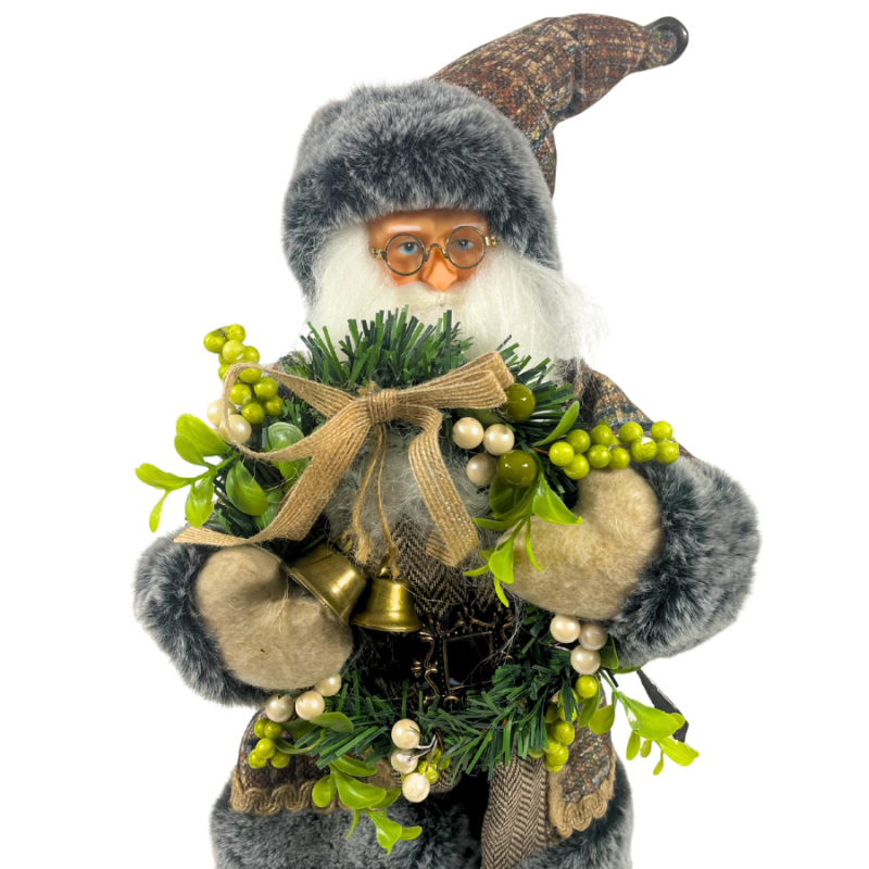 15" Santa w/ Greenery Wreath & Bells
