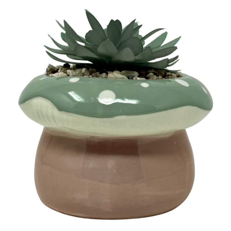 7" Artificial Succulent in Mushroom Planter- Green and Brown