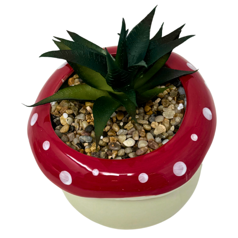 7" Artificial Succulent in Mushroom Planter- Red and White