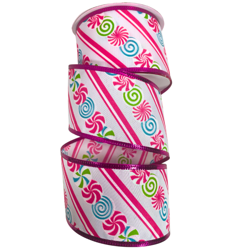 2.5" x 10yd Satin Christmas Candy Diagonal Stripe & Metallic Edge Ribbon
