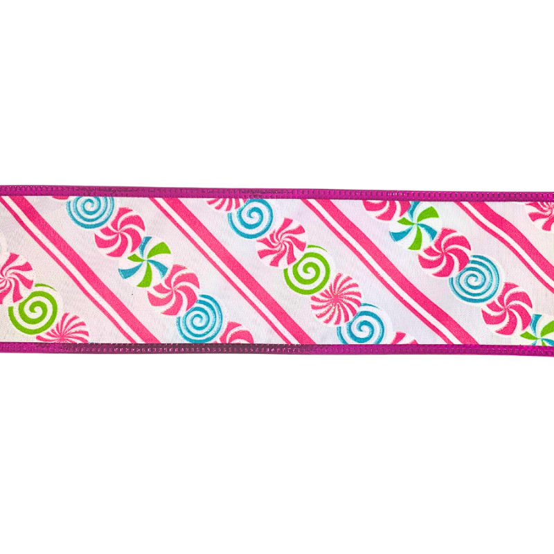 2.5" x 10yd Satin Christmas Candy Diagonal Stripe & Metallic Edge Ribbon