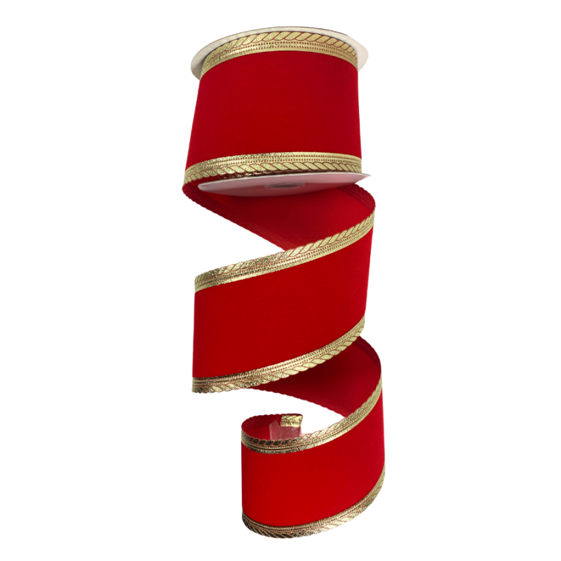 2.5" x 10yd Red Velvet Ribbon w/ Gold Rope Edge