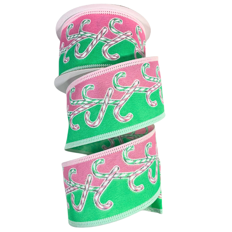 2.5" x 10yd Pink & Green Candy Cane Ribbon