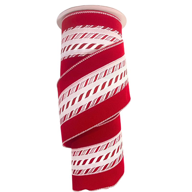 4" x 10yd Velvet Red w/ Candy Cane Middle Ribbon