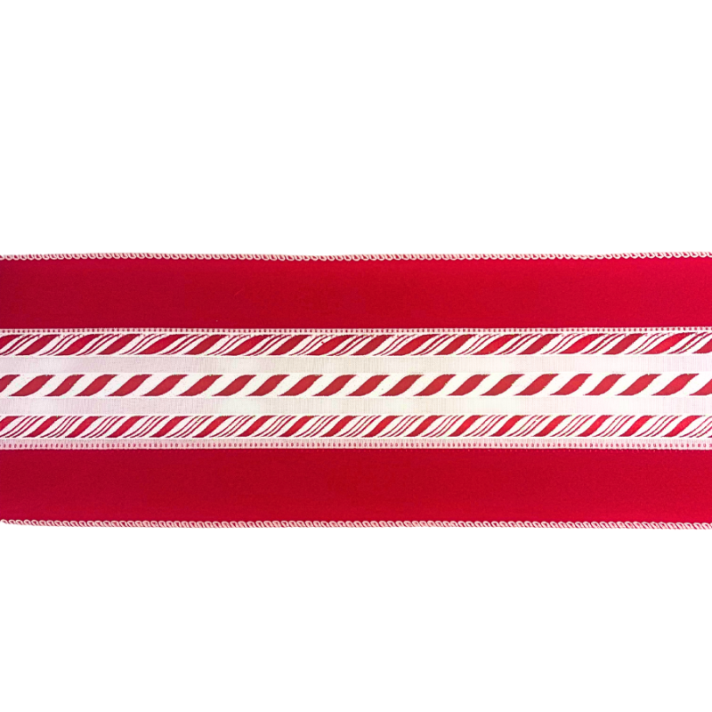 4" x 10yd Velvet Red w/ Candy Cane Middle Ribbon